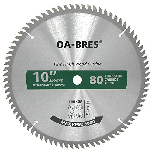 OA-BRES 10-Inch Miter/Table Saw Blades, 80-Tooth ATB TCT Fine Finish Wood Cutting Circular Saw Blade with 5/8 Inch Arbor - Image 1