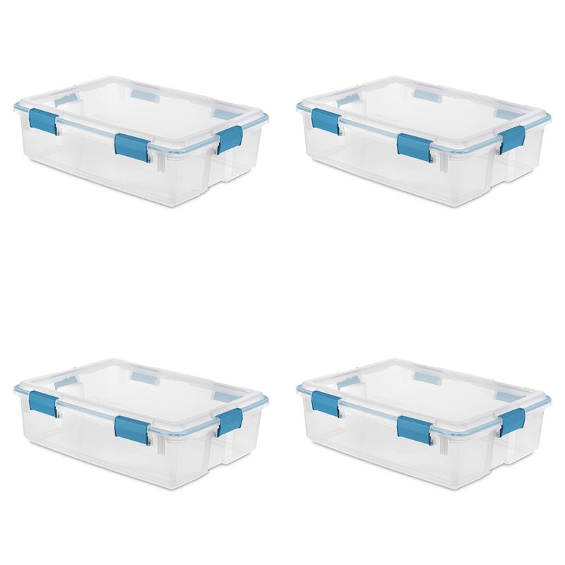 Sterilite 37 Qt Gasket Box Stackable Storage Bin with Latching Lid and Tight Seal Plastic Container to Organize Underbed Clear Base and Lid 4Pack