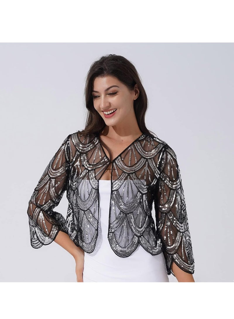 Women 1920s Sequined Shawl Wraps, Long Sleeve Evening Cape Flapper Bolero Shrug, Women's Sequin Beaded Art Deco Vintage Shawl Bolero Wraps - Image 5
