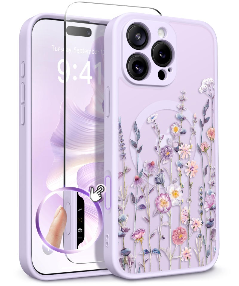 GVIEWIN for iPhone 16 Pro Case Compatible with MagSafe, [Military Grade Protection] [Screen Protector] Full Camera Protection Floral Translucent Women Magnetic Phone Case, Floratopia/Colorful - Image 1