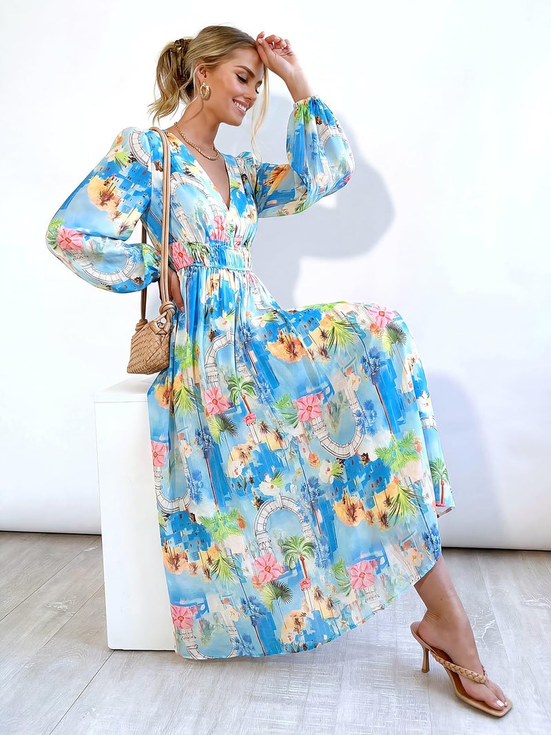 Maxigerui Women's Long Sleeve Floral Maxi Dress 2026 Spring Summer Wedding Guest Dress Blue Pink Tropical Print S - Image 4