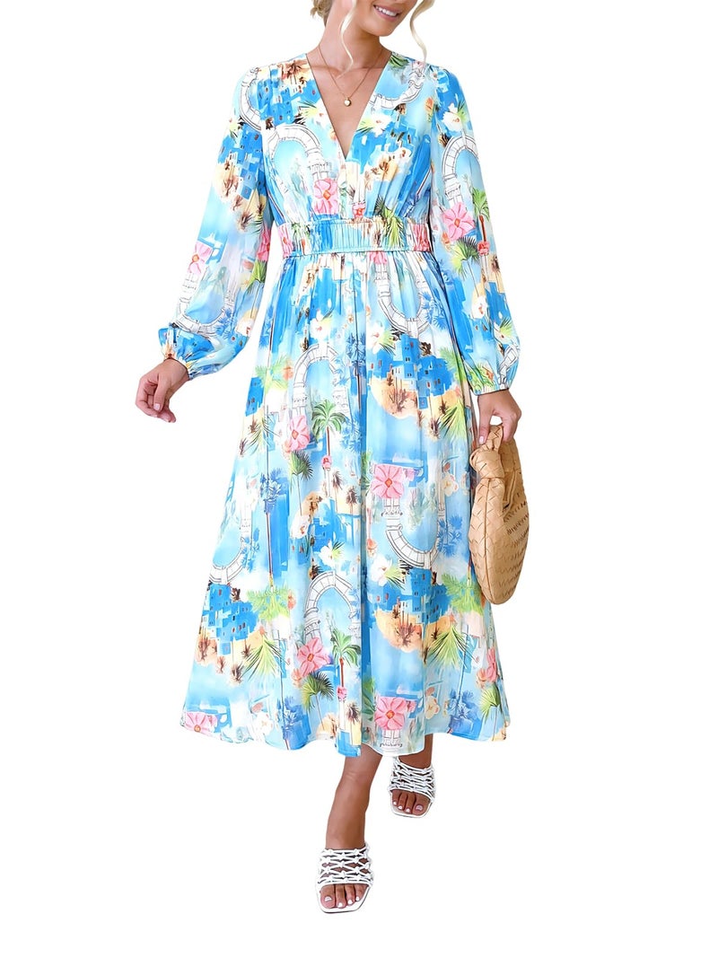 Maxigerui Women's Long Sleeve Floral Maxi Dress 2026 Spring Summer Wedding Guest Dress Blue Pink Tropical Print S - Image 1