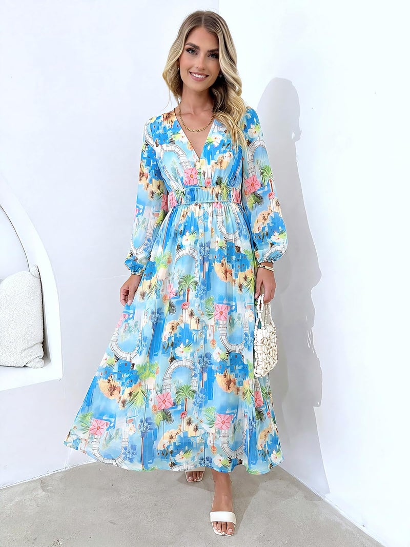 Maxigerui Women's Long Sleeve Floral Maxi Dress 2026 Spring Summer Wedding Guest Dress Blue Pink Tropical Print S - Image 5