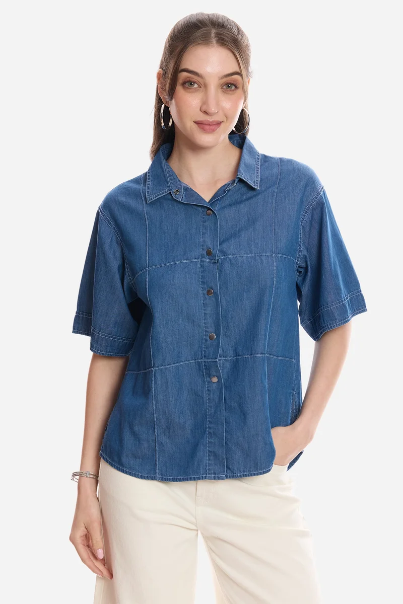 Virgio Solid Cotton Padded Shoulder Denim Shirt for Women