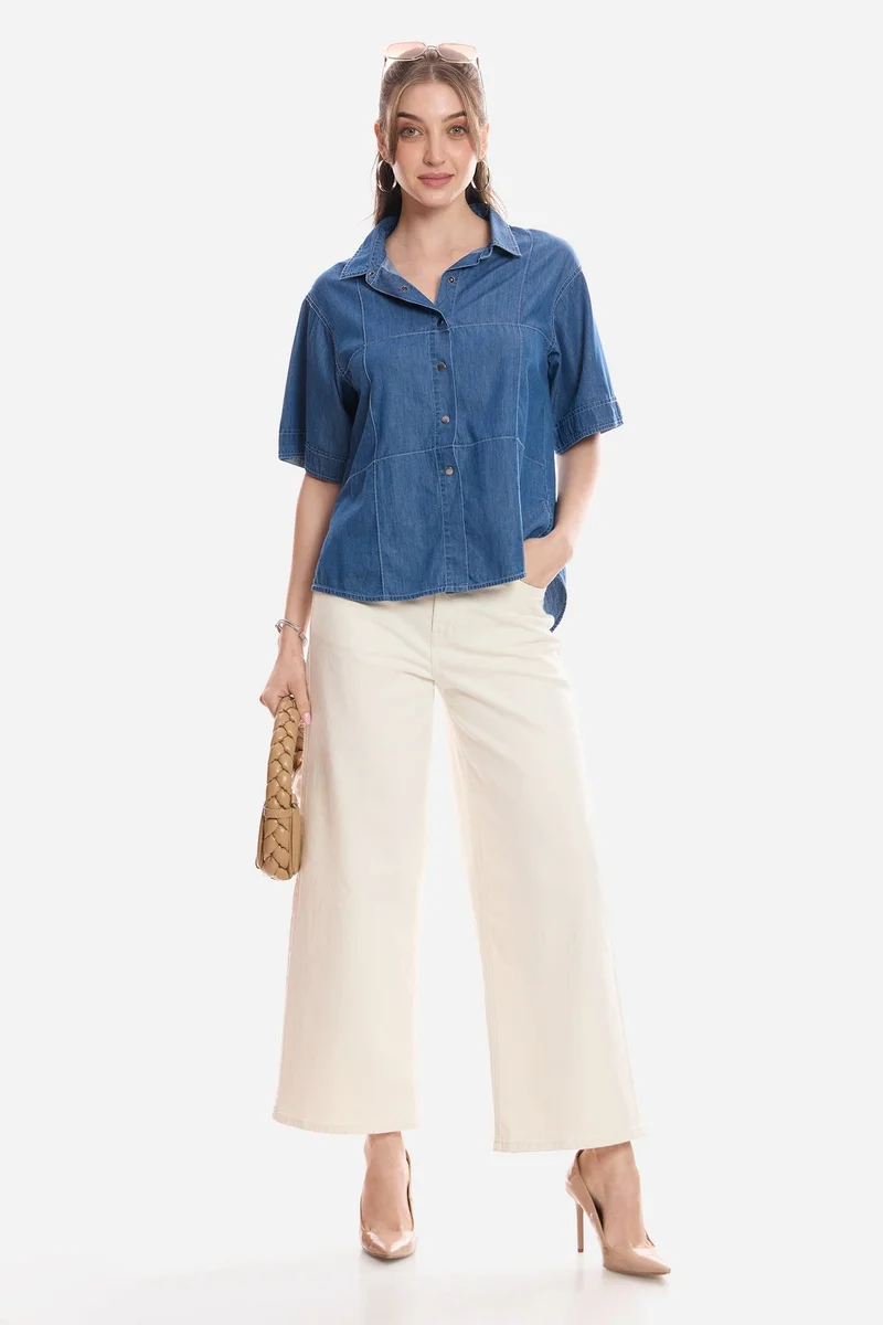 Virgio Solid Cotton Padded Shoulder Denim Shirt for Women