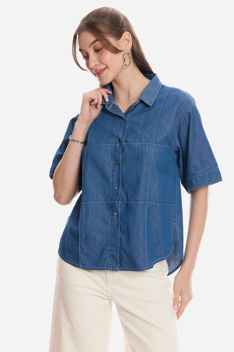 Virgio Solid Cotton Padded Shoulder Denim Shirt for Women