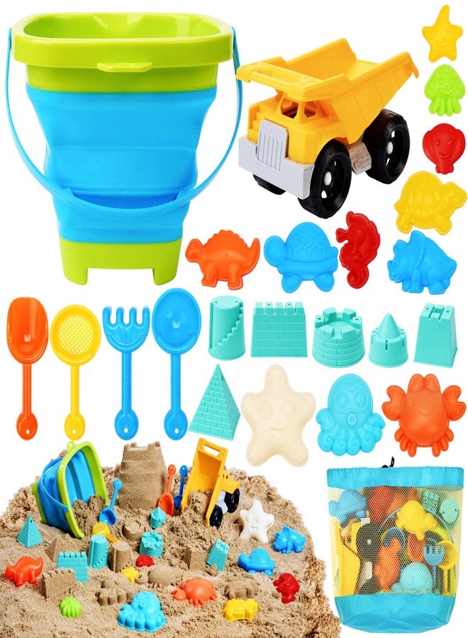 Sloosh Beach Sand Toys Set - Dump Truck Car Toy with Sand Molds for Toddlers Outdoor Play, Collapsible Foldable Buckets Mesh Bag Shovels Castle Animal Mold Sets, Kids Ages Sandbox Toys (Animals) - Image 1