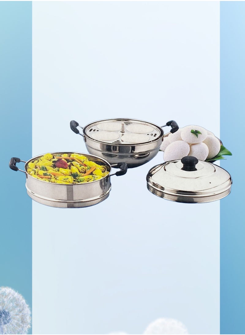 Two Tire Multi Kadai Steamer with Idli Stand 8 Cavity