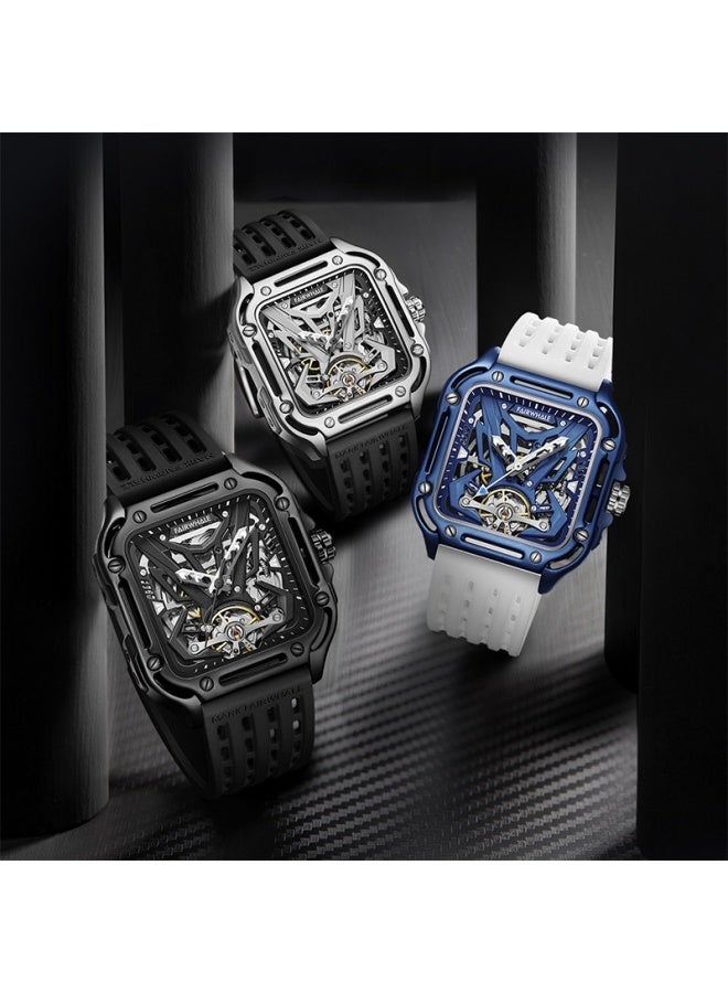 Mark Fairwhale Men's Automatic Tourbillon Watch - Silver Case, White Dial, Black Silicone Strap, Water Resistant - Image 2