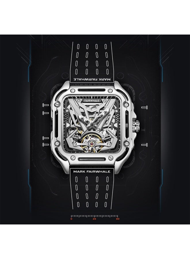 Mark Fairwhale Men's Automatic Tourbillon Watch - Silver Case, White Dial, Black Silicone Strap, Water Resistant - Image 1