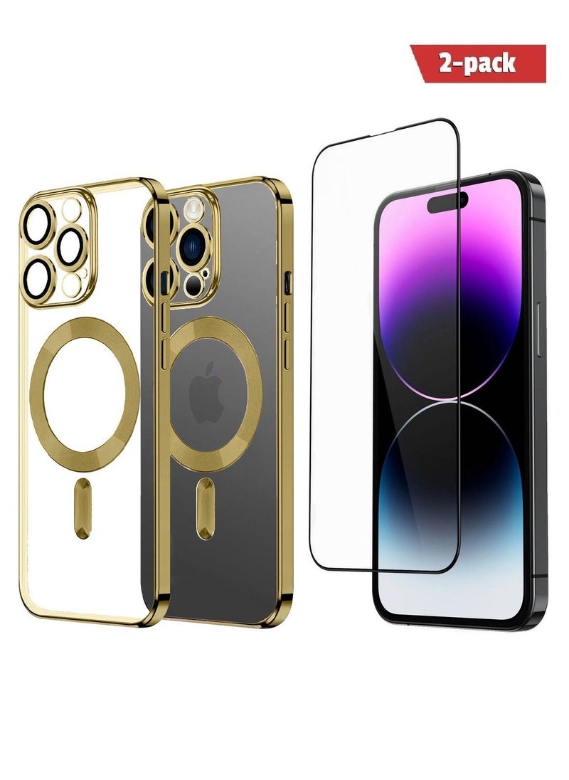 CATANES - 2Pack for iPhone 14 Pro Max Magsafe Case and Screen Protector Clear Electroplating Frame Wireless Charging Cover with Tempered Glass Gold/Clear - Image 1
