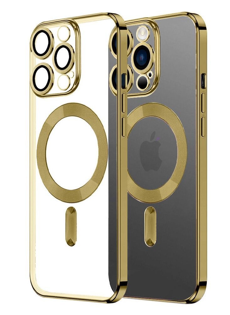 CATANES - 2Pack for iPhone 14 Pro Max Magsafe Case and Screen Protector Clear Electroplating Frame Wireless Charging Cover with Tempered Glass Gold/Clear - Image 1