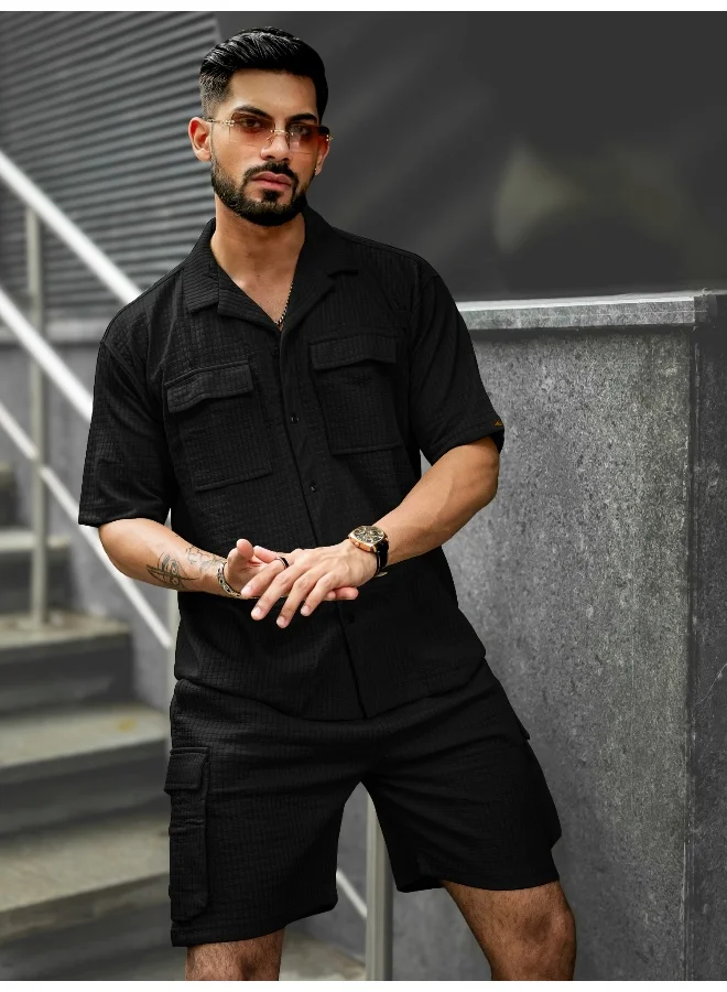 مانياك بدلة رياضية رجالي مانياك بياقة مزخرفة وأكمام نصفية من مزيج القطن باللون الأسود