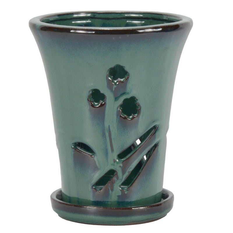 w w W&W Orchid Pot with Holes and Saucer for Repotting, 6 x 7 Inch, Green - Image 2