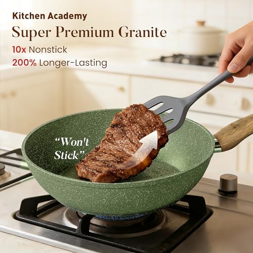 Kitchen Academy Non Toxic Pots and Pans Set Non Stick - 12 Piece Induction Cookware Sets, Green Granite Nonstick Cooking Pot and Pan, PFOA&PFOS Free - Image 2