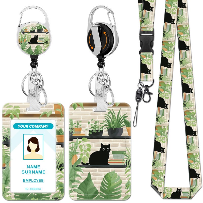 Hancynir Lanyards for Id Badges, Black Cat Leaves Badge Holder with Retractable Reel Clip, Cute Work Name Tags Keychain Lanyard ID Card Protector Cover Case for Women Teacher Nurse Doctor Office - Image 1