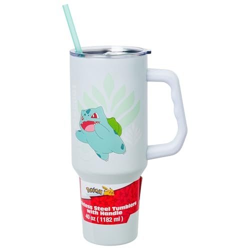 Silver Buffalo Pokémon Stainless Steel Tumbler with Handle Featuring Bulbasaur, Fits in Standard Cup Holder, 40 Ounces - Image 4