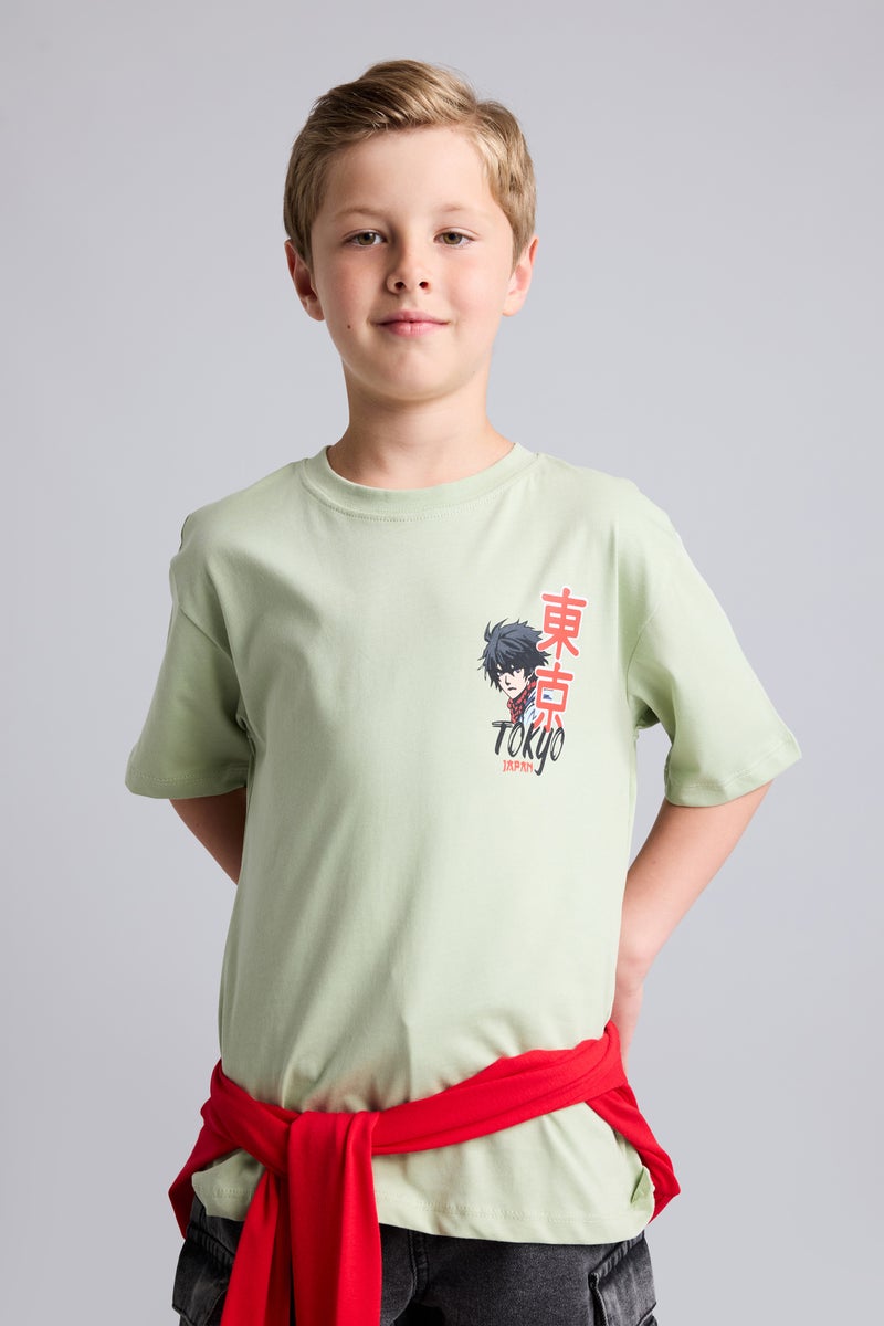 DeFacto Green Boy New Regular Fit Printed Light Green T-Shirt Casual - Image 1