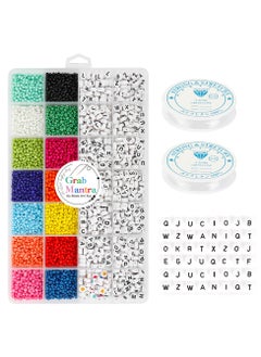 Grab Mantra 5000Pcs, 3mm, Glass Seed Plus 2600Pcs Alphabet Letter Beads With 2 Rolls Elastic String Cord For Jewelry, Bracelets, Necklace, Earrings, Handmade Household Craft Kit  - Image 1