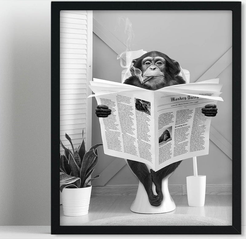 Biufo Monkey on Toilet Framed Canvas Wall Art Print Animal Poster Decor for Bedroom Bathroom (8""x10"") - Image 1