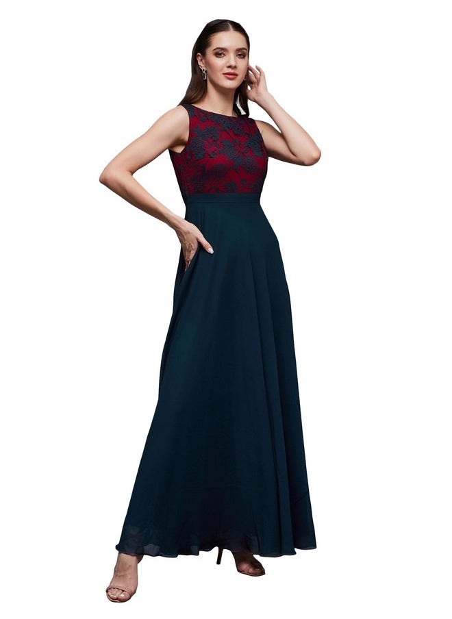 Miss Chase - Miss Chase Women's Round Neck Sleeveless Georgette Floral Lace Fit & Flare Maxi Dress Teal - Image 1