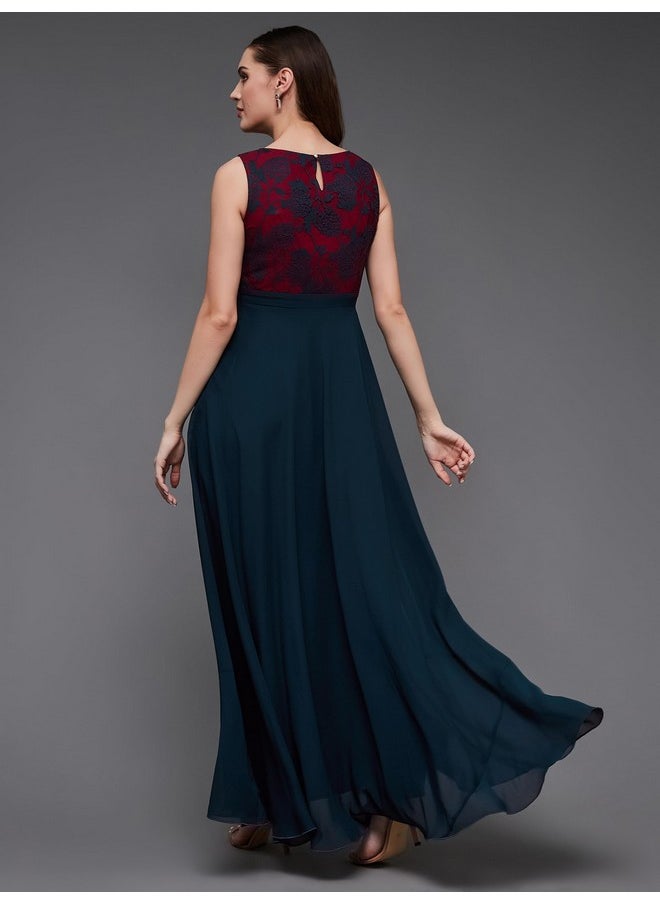 Miss Chase - Miss Chase Women's Round Neck Sleeveless Georgette Floral Lace Fit & Flare Maxi Dress Teal - Image 1