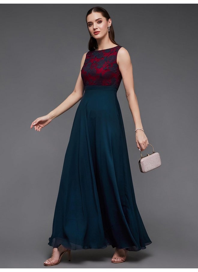 Miss Chase - Miss Chase Women's Round Neck Sleeveless Georgette Floral Lace Fit & Flare Maxi Dress Teal - Image 1