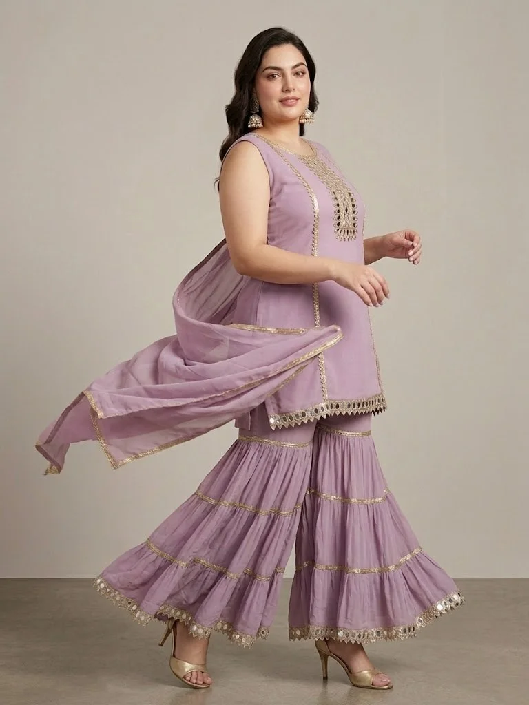 Viny  VINY Purple Mirror Work Embellished Suit Set with Sharara Pants – Plus Size Women's Indian Ethnic Wear for Women | Best Price UAE