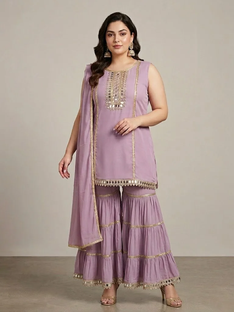 Viny VINY Purple Mirror Work Embellished Suit Set with Sharara Pants – Plus Size Women's Indian Ethnic Wear