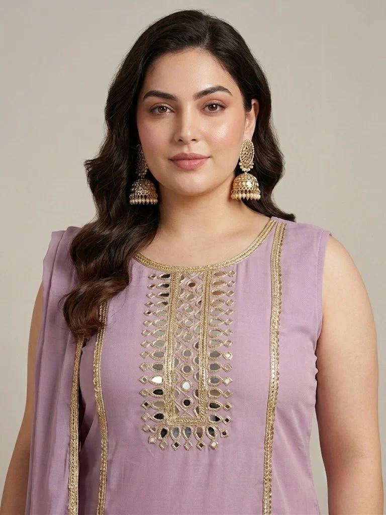 Viny VINY Purple Mirror Work Embellished Suit Set with Sharara Pants – Plus Size Women's Indian Ethnic Wear