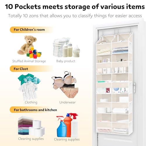 Ofiray-home Over the Door Organizer 5 Tiers,Extra Large Behind Door Storage of 10 Compartments,80 lbs Weight Capacity Over the Door Storage, Door Hanging Organizer for Closet, Diaper Organizer, Beige - Image 3