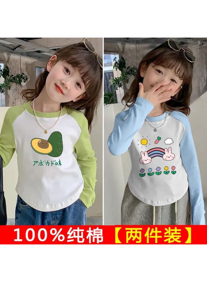 Girls' Spring & Fall New Color-blocked Pure Cotton Long-sleeved T-shirt Baby's Curved Top With Upper And Lower Hem Korean Style Western Style Bottoming Shirt