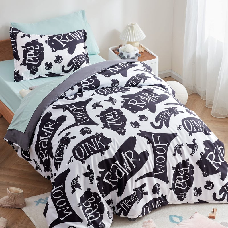 SLEEP ZONE Kids Duvet Cover Set Queen Size 3 Pieces Super Soft Cute Comforter Cover with 2 Pillow Shams Easy Care Zipper Closure BlackWhite Animals Queen