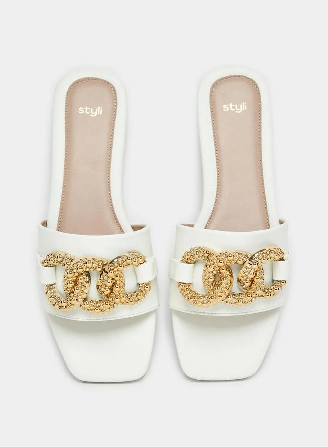 Styli Embellished Metal Design Flat Sandals