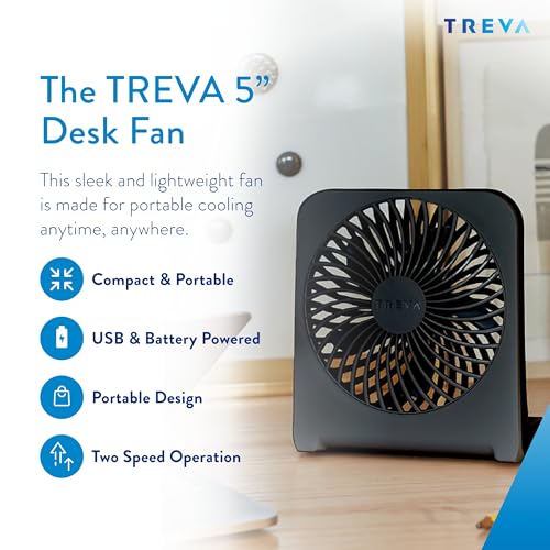 Treva 5-Inch USB and Battery Powered Desk Fan With Two Cooling Speeds and Adjustable Tilt, Small USB Fan Cubicle Accessories Durable and Long Lasting (Black) - Image 2