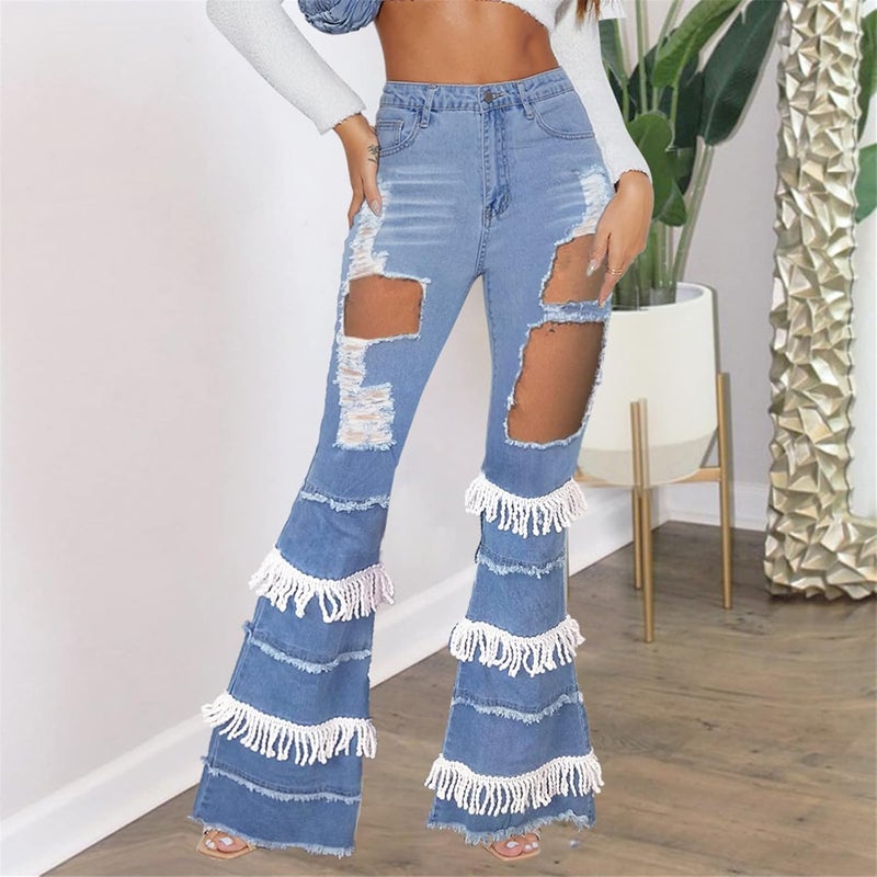klarako Women's Bell Bottom Jeans Skinny Ripped Flared Destroyed Denim Pants yanzihao Skinny Trousers - Image 4