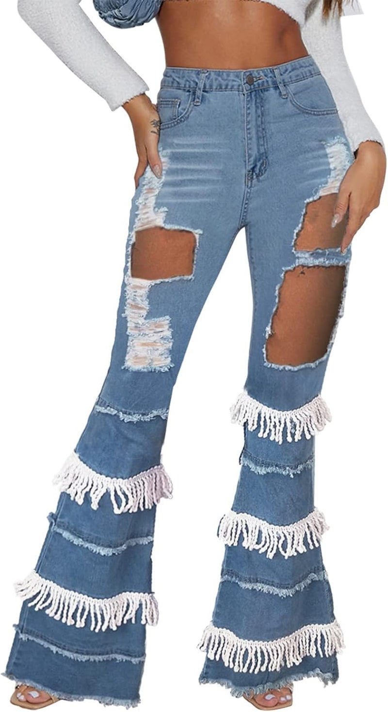 klarako Women's Bell Bottom Jeans Skinny Ripped Flared Destroyed Denim Pants yanzihao Skinny Trousers - Image 1