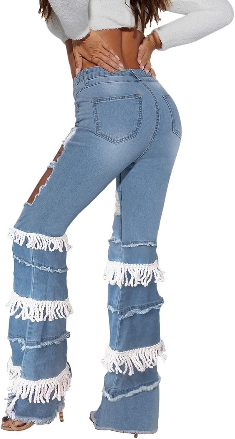 klarako Women's Bell Bottom Jeans Skinny Ripped Flared Destroyed Denim Pants yanzihao Skinny Trousers - Image 2