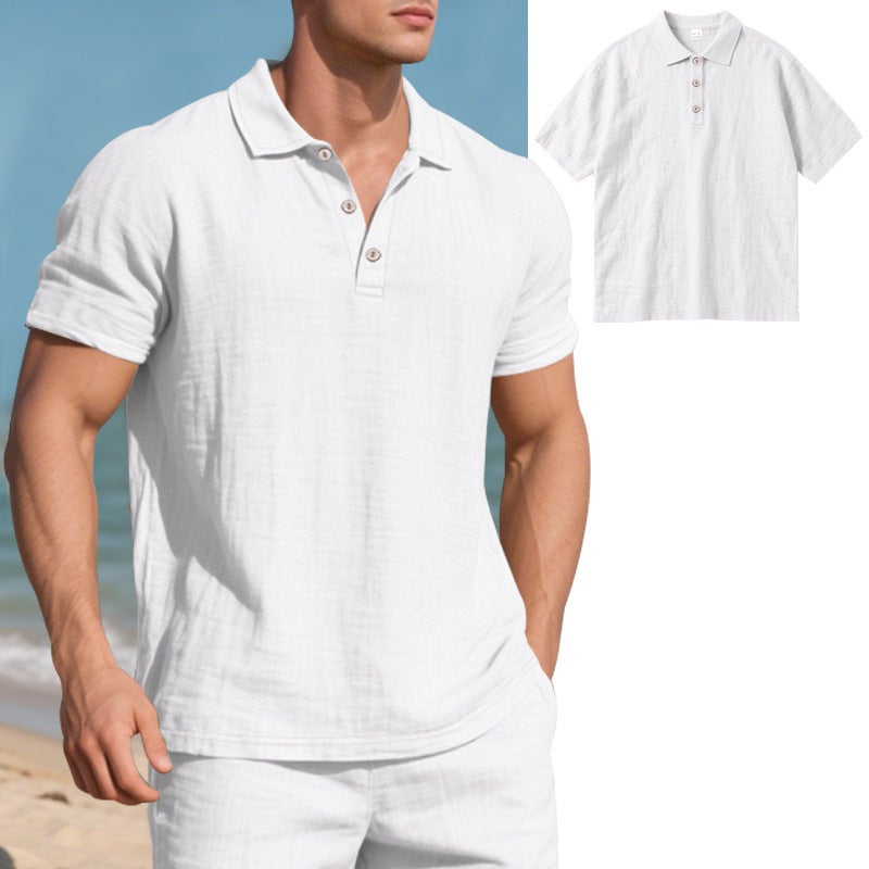 Men's Casual Linen Short Sleeve Polo Shirt with Buttoned Collar - Image 2