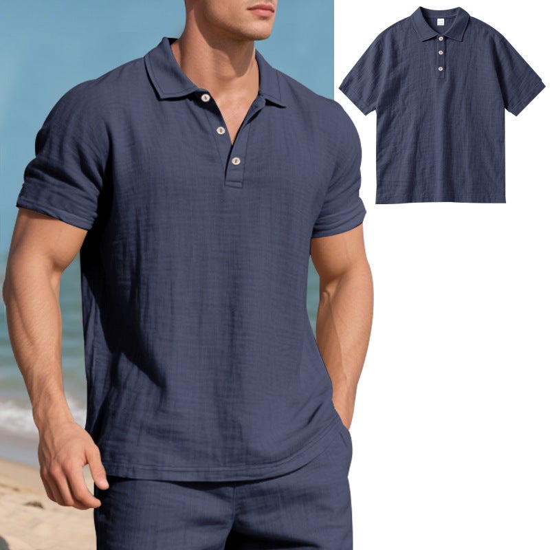 Men's Casual Linen Short Sleeve Polo Shirt with Buttoned Collar - Image 3