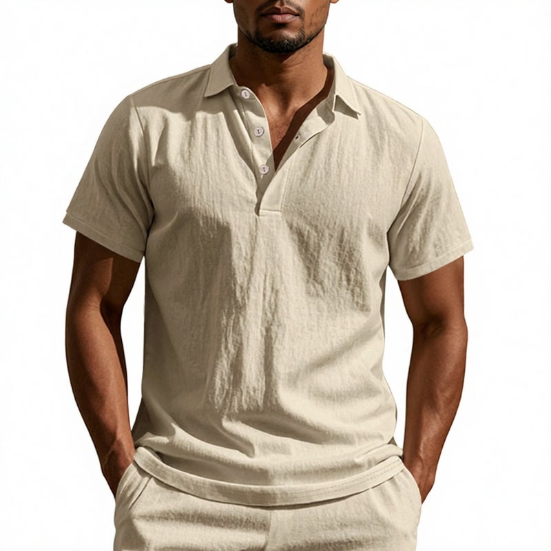 Men's Casual Linen Short Sleeve Polo Shirt with Buttoned Collar - Image 1