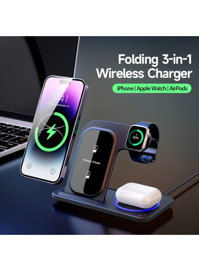 كي يو كي أتش شاحن لاسلكي قابل للطي 3 في 1 متوافق مع أجهزة iPhone و Apple Watch و AirPods، محطة شحن سريع محمولة وصغيرة الحجم - Image 4