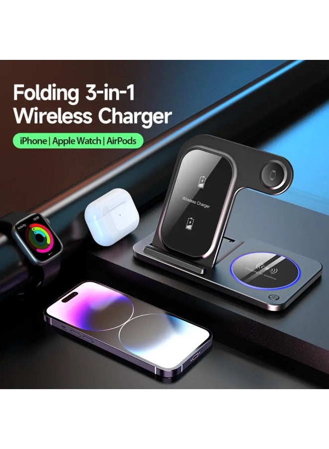 كي يو كي أتش شاحن لاسلكي قابل للطي 3 في 1 متوافق مع أجهزة iPhone و Apple Watch و AirPods، محطة شحن سريع محمولة وصغيرة الحجم - Image 5