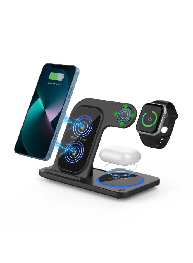 كي يو كي أتش شاحن لاسلكي قابل للطي 3 في 1 متوافق مع أجهزة iPhone و Apple Watch و AirPods، محطة شحن سريع محمولة وصغيرة الحجم - Image 2