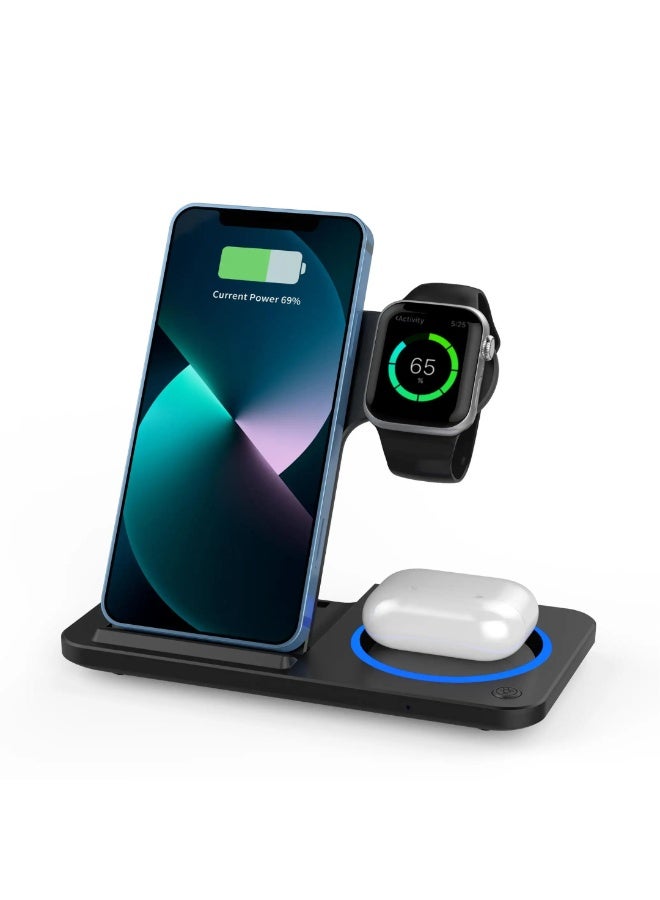 كي يو كي أتش شاحن لاسلكي قابل للطي 3 في 1 متوافق مع أجهزة iPhone و Apple Watch و AirPods، محطة شحن سريع محمولة وصغيرة الحجم - Image 1