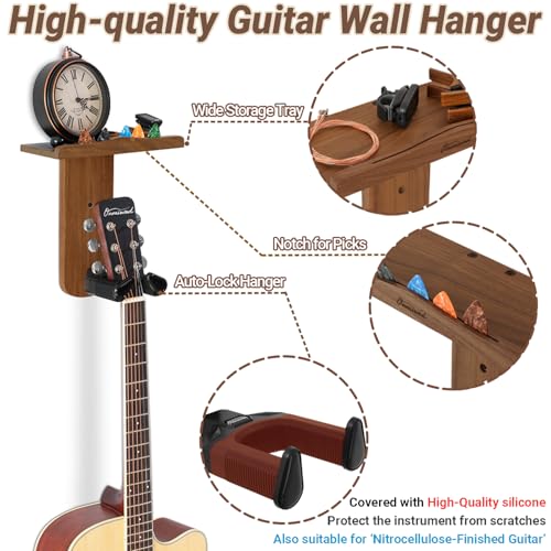 Onmiwod Guitar Wall Mount Auto Lock Guitar Hanger Wood Guitar Wall Hangers Shelf with Pick Holder Guitar Holder Wall Mount for Acoustic Electric Guitar Ukulele Bass Mandolin Gift - Image 3