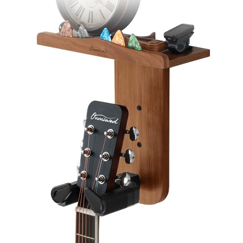 Onmiwod Guitar Wall Mount Auto Lock Guitar Hanger Wood Guitar Wall Hangers Shelf with Pick Holder Guitar Holder Wall Mount for Acoustic Electric Guitar Ukulele Bass Mandolin Gift - Image 1