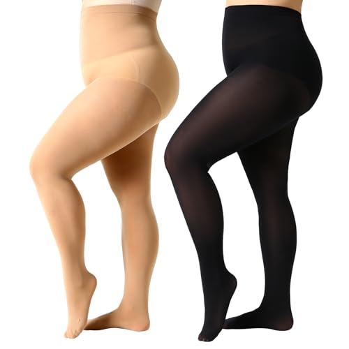 MANZI Plus Size Tights for Women 70D Queen Size Tights(Pack of 2)(1 Pair Black，1 Pair Suntan，4X-Large - Image 1