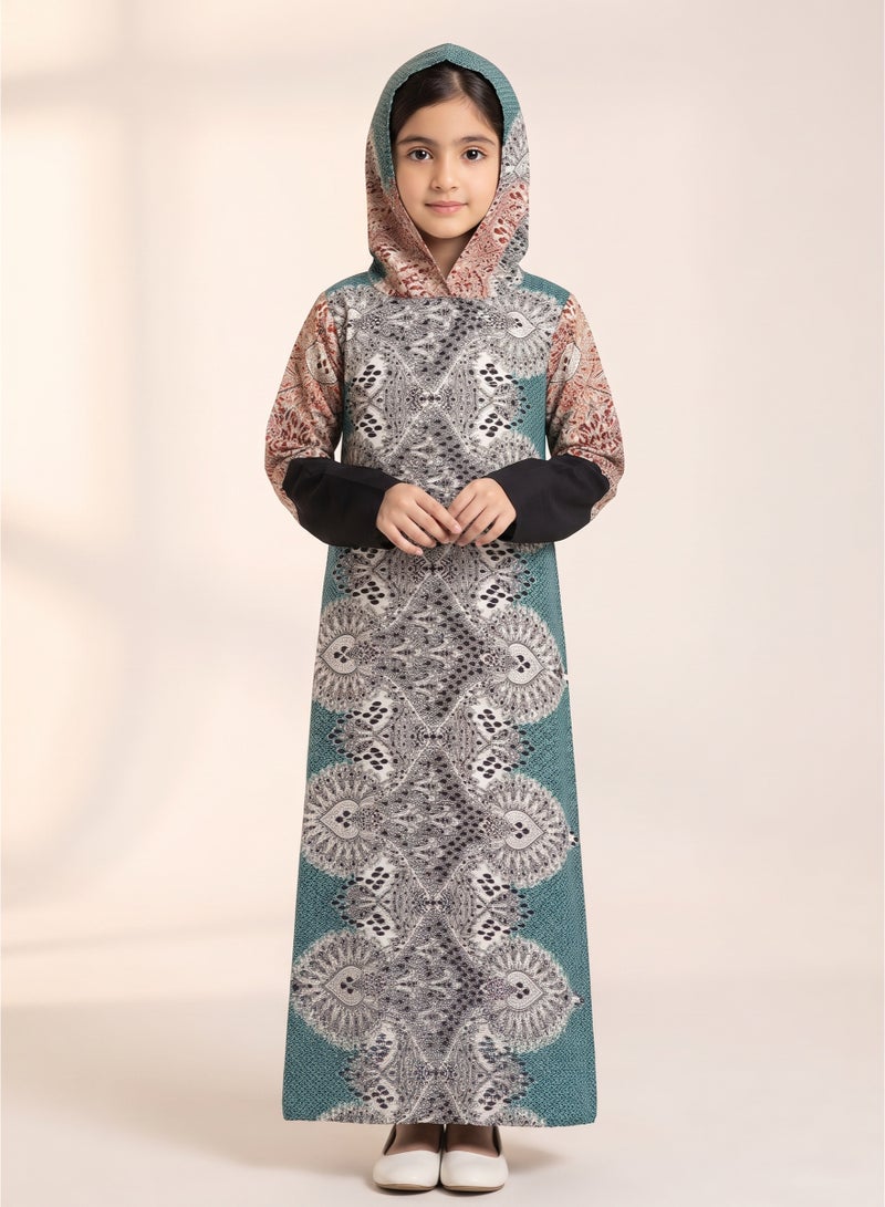 Kids Girls Prayer Esdall / Abaya Size 10 Patterned with Black Sleeves and Hood - Modest Islamic Prayer Dress - Image 1