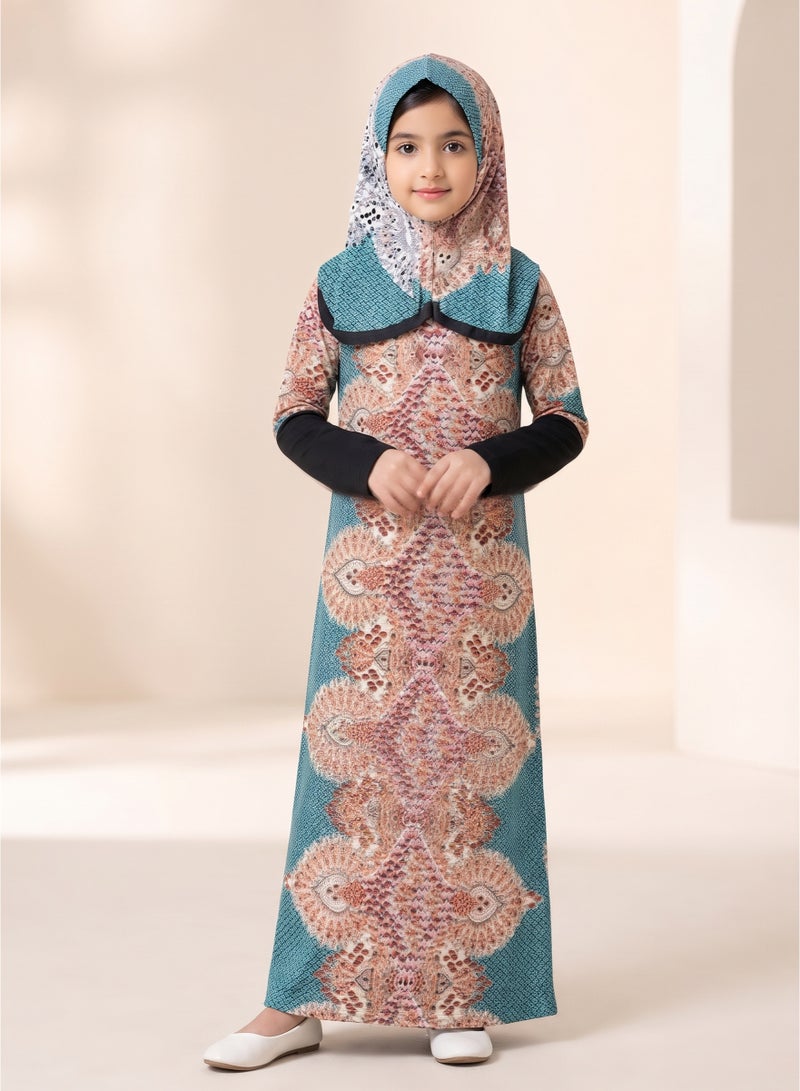 Kids Girls Prayer Esdall / Abaya Size 10 Patterned with Black Sleeves and Hood - Modest Islamic Prayer Dress - Image 2